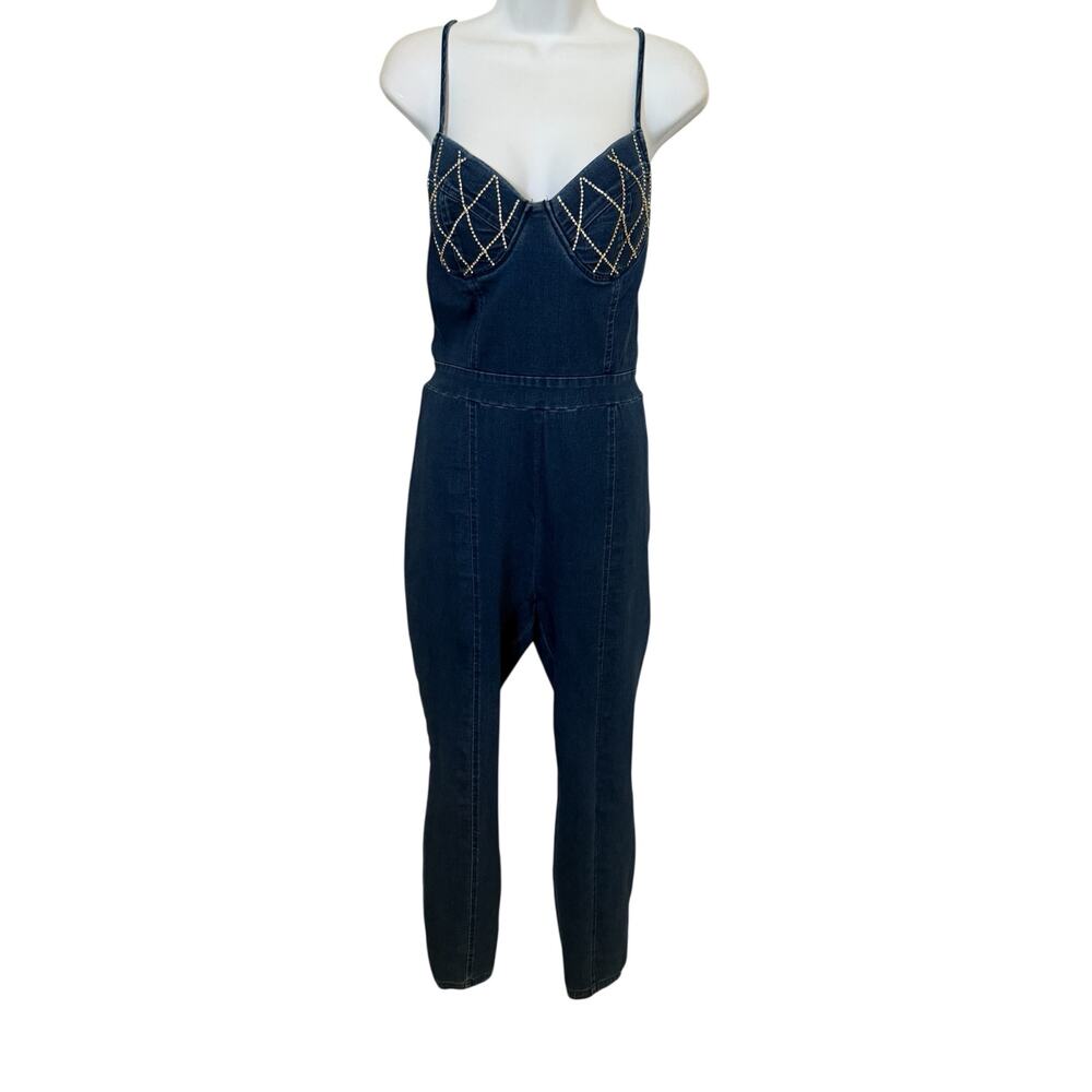 Haute Monde Demin Blue Jean Stretchy Jumpsuit w/Rhinestone Bustline. L